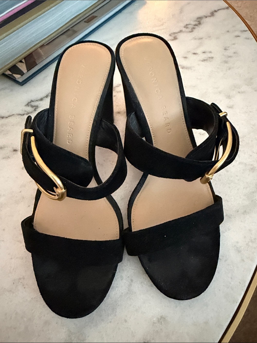 Veronica Beard Black Suede Heeled Sandals with Gold Buckles